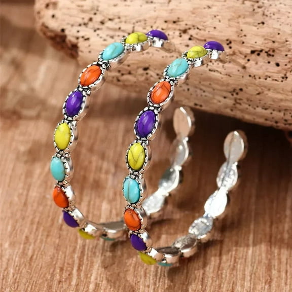 Hip and Cool Clip Pierced Hoop Turquoise, Multi-colored Stone Earrings, 2" Silver