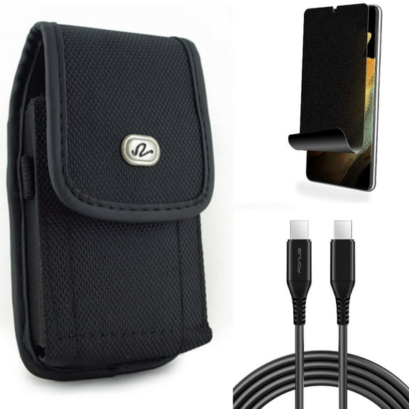 10ft Long USB-C Cable & Privacy Screen Protector & Case Belt Clip for Samsung Galaxy S22 Plus (S22 ) - Combo PD Fast Charger Cord Power Wire & TPU Film (Fingerprint) Anti-Peep & Rugged Holster