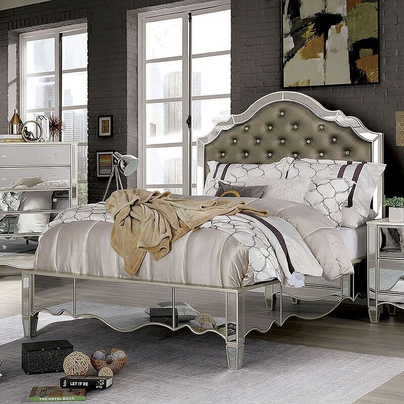 Headboard　Unique　Design　Bedframe　Formal　FB　Bedroom　Size　Leatherette　1pc　Solid　Tufted　wood　Silver　Bed　Queen　Finish　Chic　Set