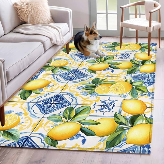 Botanical Lemon Area Rug 3x5 Washable Rug Non Slip Spring Countryside Floral Blue Tile Large Area Rug Indoor Floor Carpet for Entryway Bedroom Kitchen Living Room Home Office Dining Room Nursery