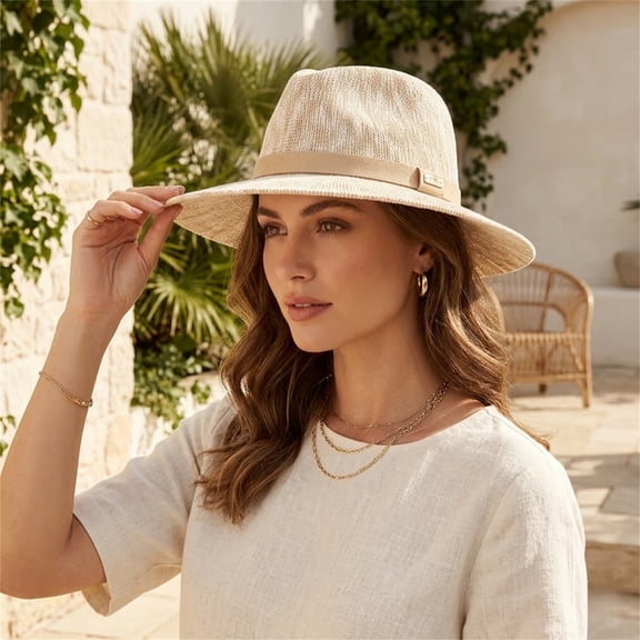 Foldable Knit Fedora Hat, Classic Wide Brim Panama Cap, Breathable Lightweight Fabric, Packable Sun Hat for Summer Beach Camping and Outdoor Daily Wear