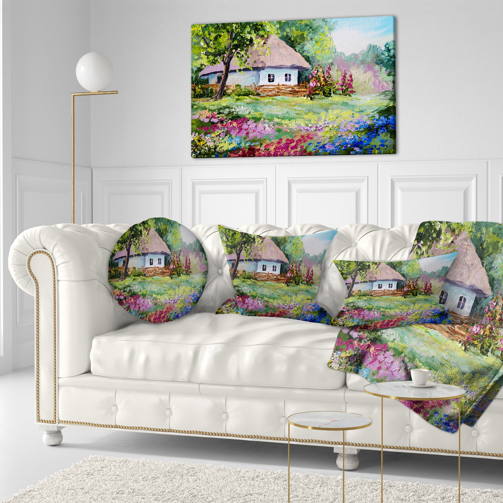 Designart House in the Village Oil Painting - Landscape Printed Throw Pillow - 12x20