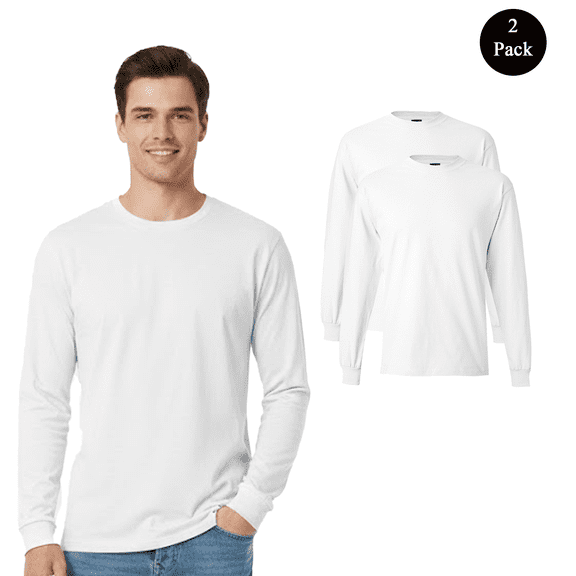 Hanes Men's Beefy-T Long Sleeve T-Shirt, Soft Cotton Tee for Casual Wear, White, 2-Pack, S