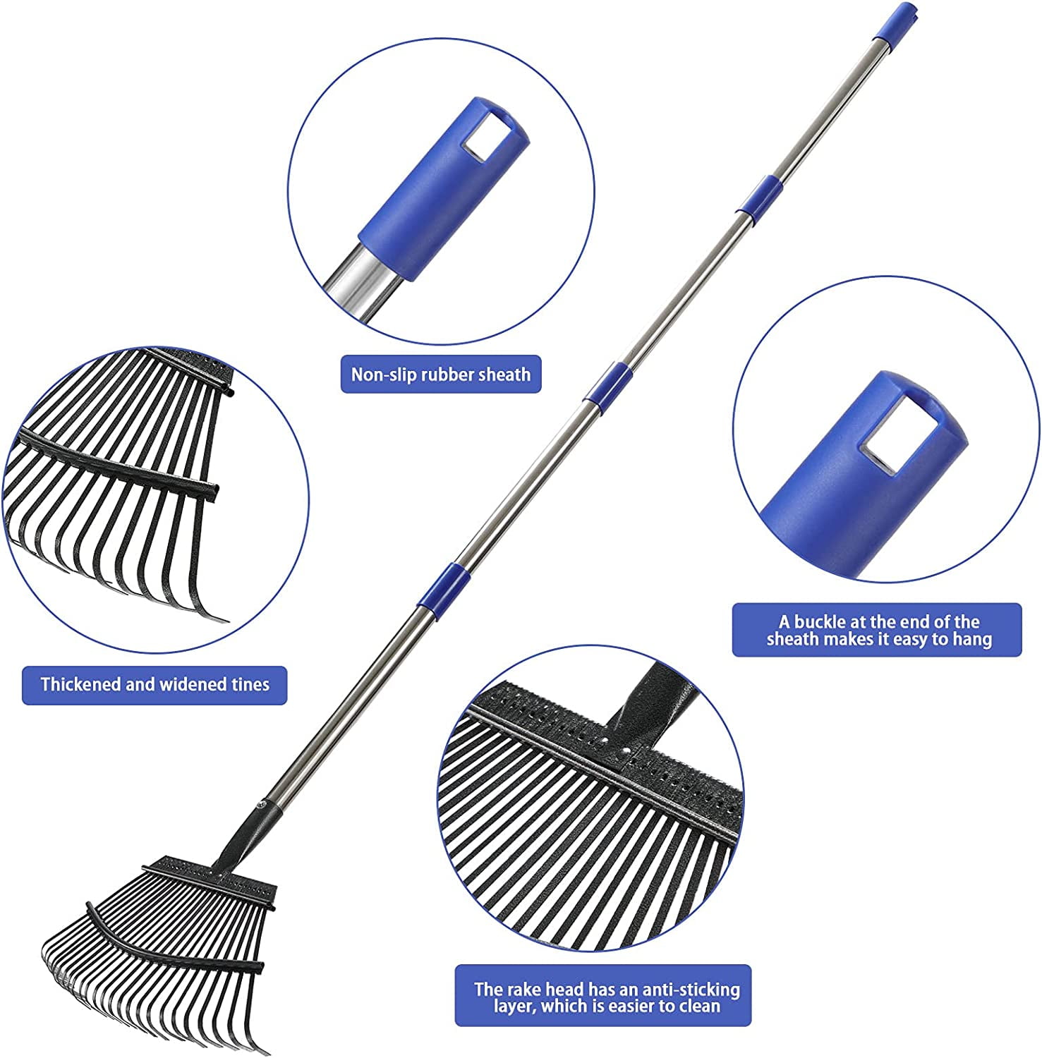 Garden Rake Leaf, 1.1" Diameter Pole & 6 FT Tall Stainless Steel Heavy Duty Adjustable Long Handle Garden Rake, Use for Yard Garden Lawn and Window Leaves（25 Tines）