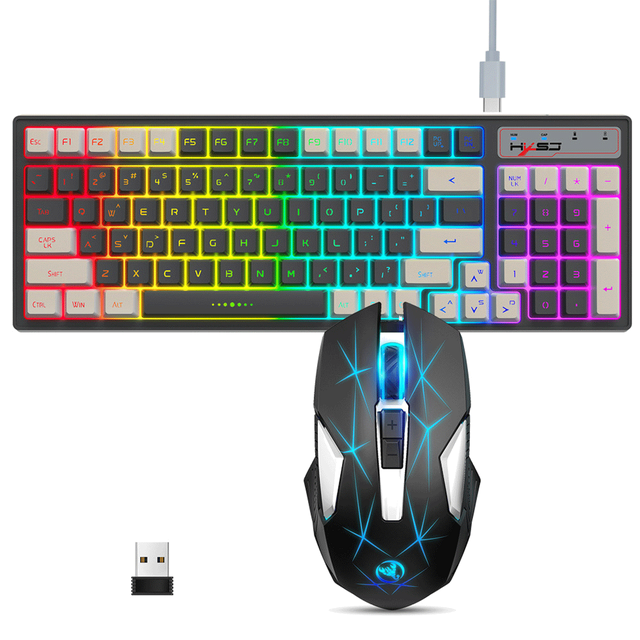Combo de Jeu Sans Fil Rétroéclairé RGB 2.4G : Clavier à Membrane 96 Touches avec Batterie 2000mAh & Souris 7 Touches, Portée 10M, DPI 3 Vitesses, Veille Automatique, Touches Multimédia, Noir/blanc