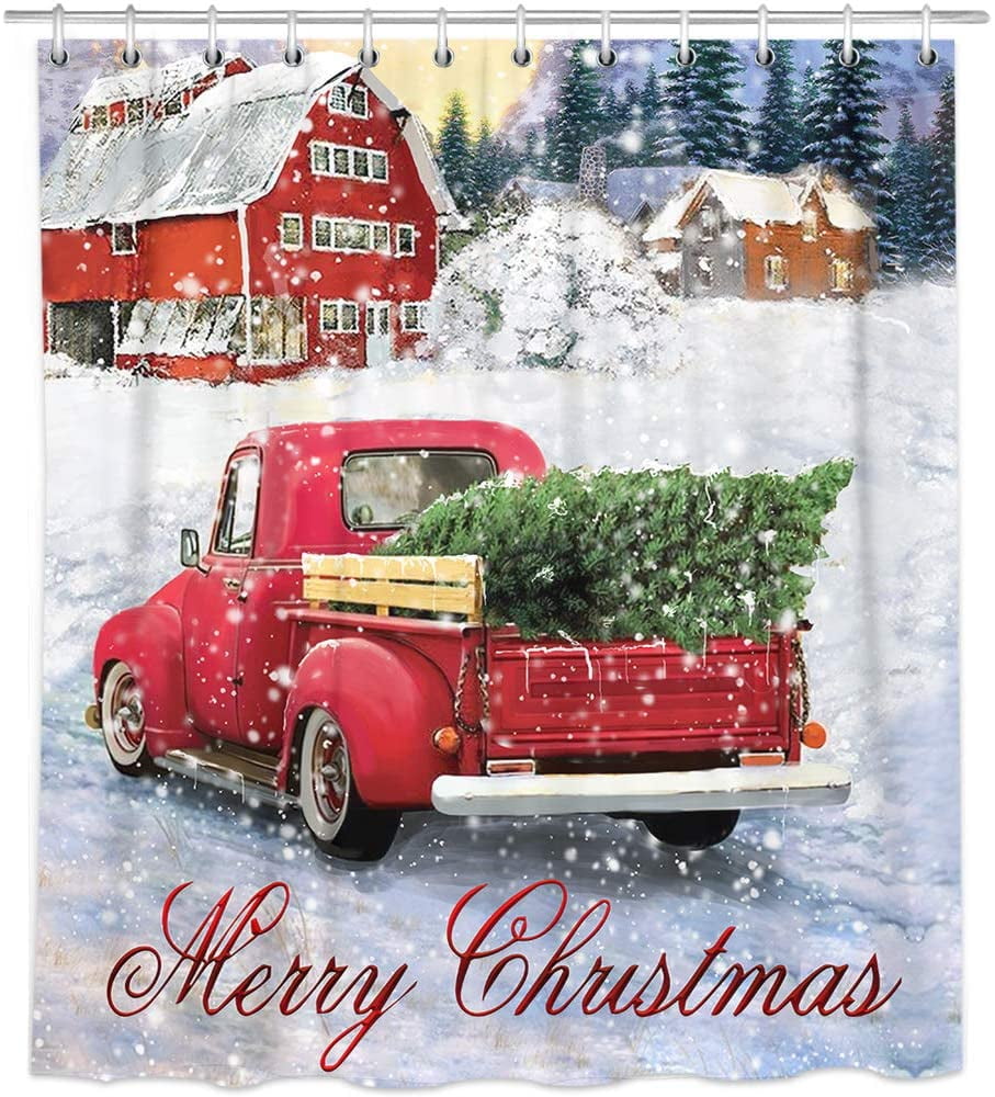 TianluTree Christmas Shower Curtains, Vintage Red Truck Cloth Shower