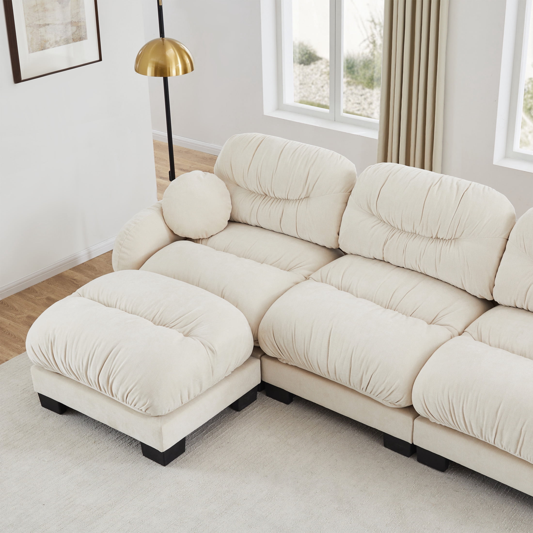 Noble House Corlan Pleated Chenille 4-Seater Sectional Sofa, Modular Deep Seat Couch with Ottoman and Throw Pillows, Beige