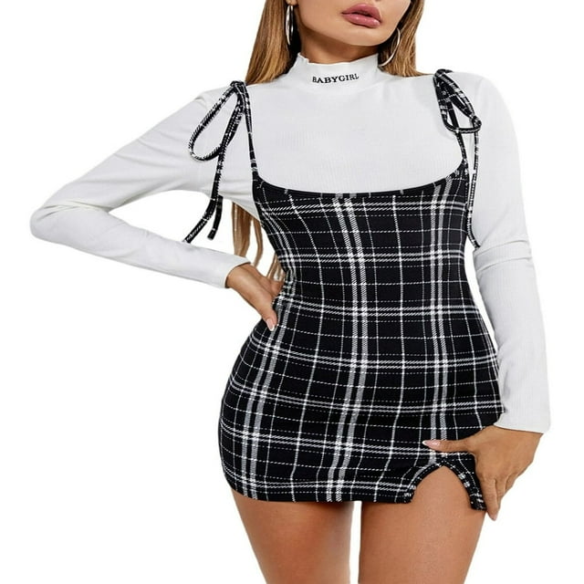 PENGXIANG Jupe à Bretelles Taille Haute à Carreaux Ajustable pour Femmes