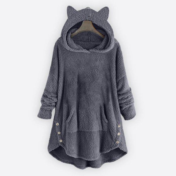 Lilgiuy Woman's Casual Solid Color Plush Buttons Long Sleeved Hooded Plush Coat Top Dark Gray12 Winter Clothes for 2022