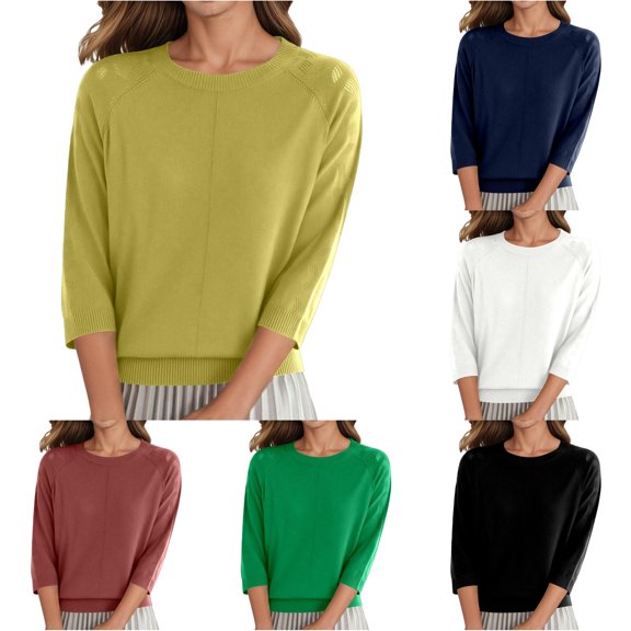 Unir Womens Sweaters, Pullover Sweaters For Women, Ladies Three Quarter Sleeve Crewneck Cotton Knit Top, Lightweight Solid Sweater S‑XXL, Plus Size Friendly