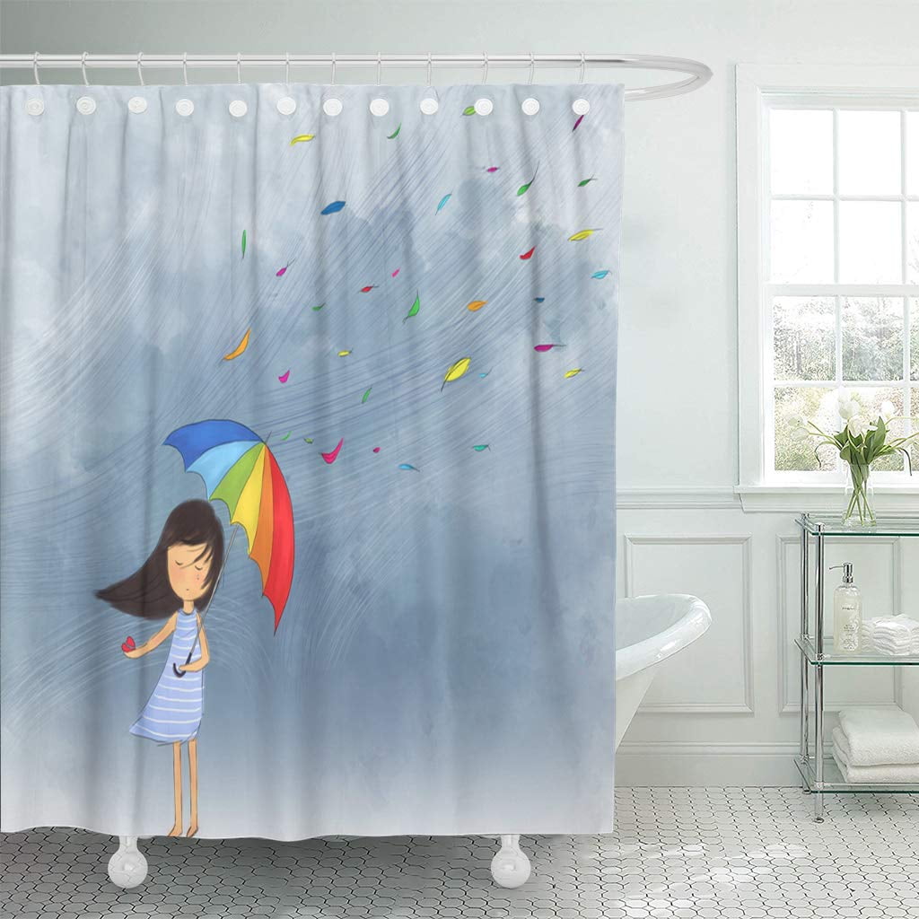 Ksadk Drawing Of Crying Girl Holding Broken Heart Colorful Umbrella Standing In The Heavy Rain Dark Bathroom Shower Curtain 60x72 Inch Walmart Com Walmart Com