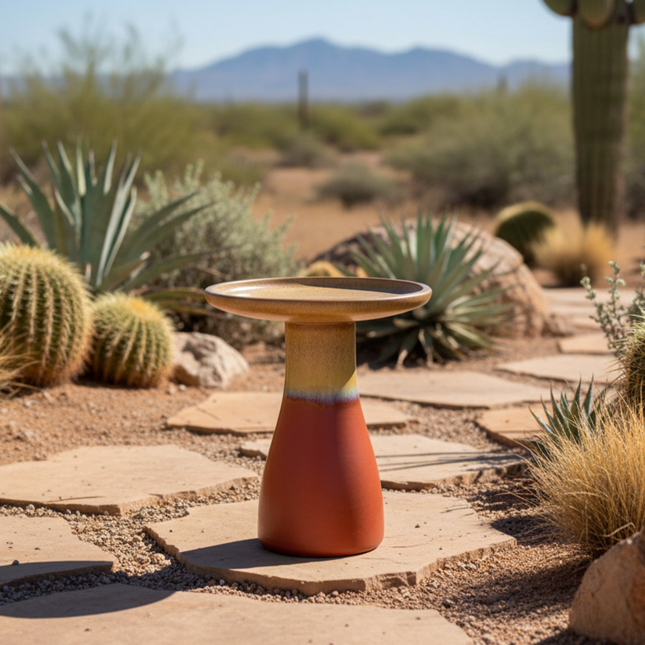 Sunnydaze Duo-Tone Freestanding Ceramic Outdoor Bird Bath, UV-Resistant Lemon Cognac Finish
