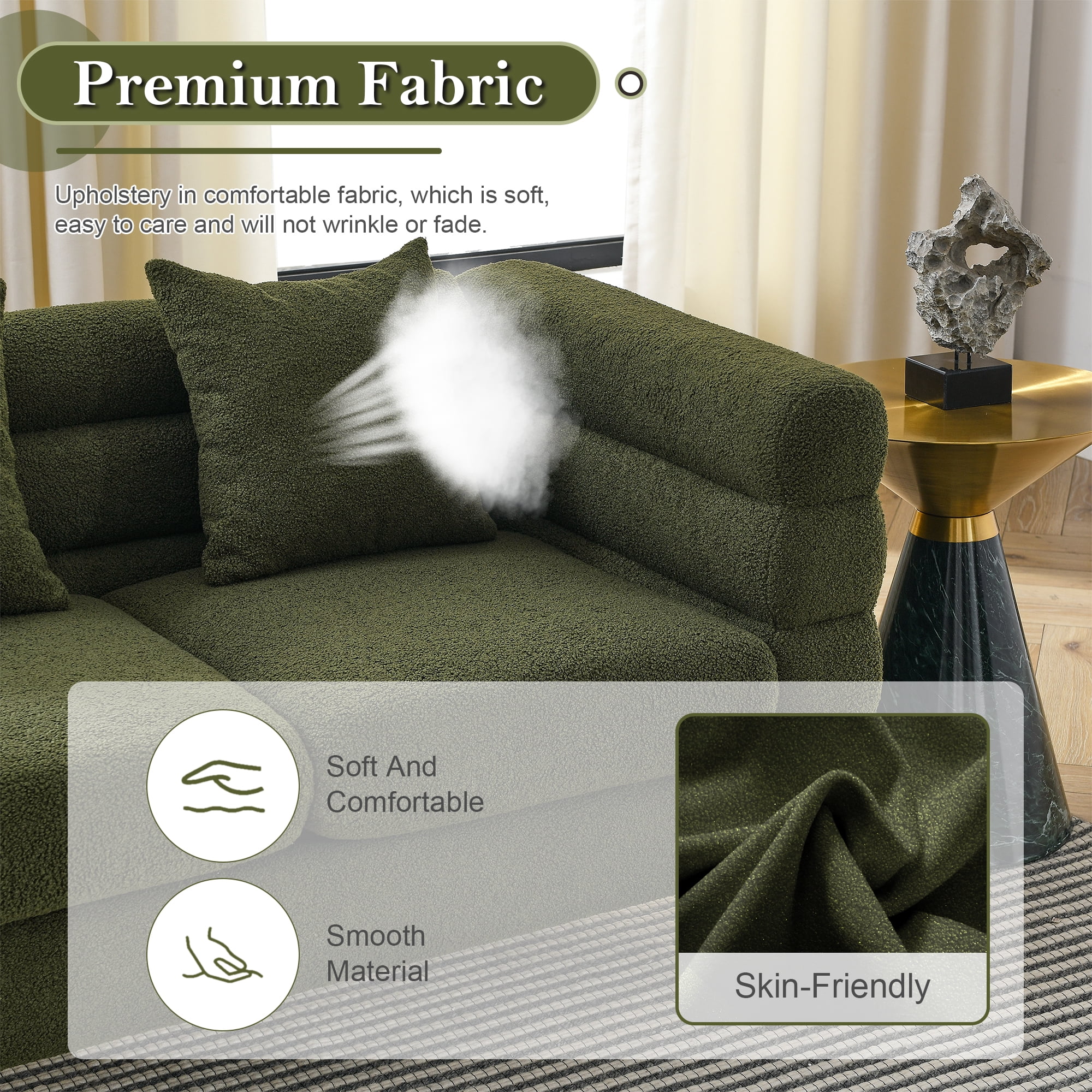 81"L Couches and Sofas, Atumon 3-Seat Sofa Couch, Mid-Century Upholstered Sofa Furniture with 4 Metal Legs and 3 Pillows, Modern Sofa for Living Room Bedroom Apartment, 81"L x 32"W x 28"H, Green