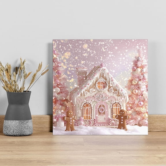 Christmas Wall Art Painting on Canvas, Pink Xmas Farmhouse Snowflake Tree Canvas Art Home Prints Wall Art Framed Modern Artwork for Living Room Bedroom Wall Decor 8x8in