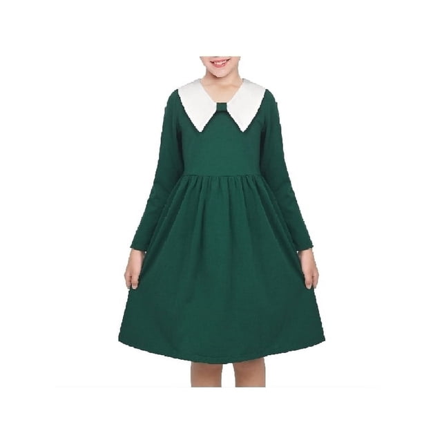 Vestido de Niña Verde Sólido Casual Escolar Uniforme de Estudiante Algodón Manga Larga 10 Años