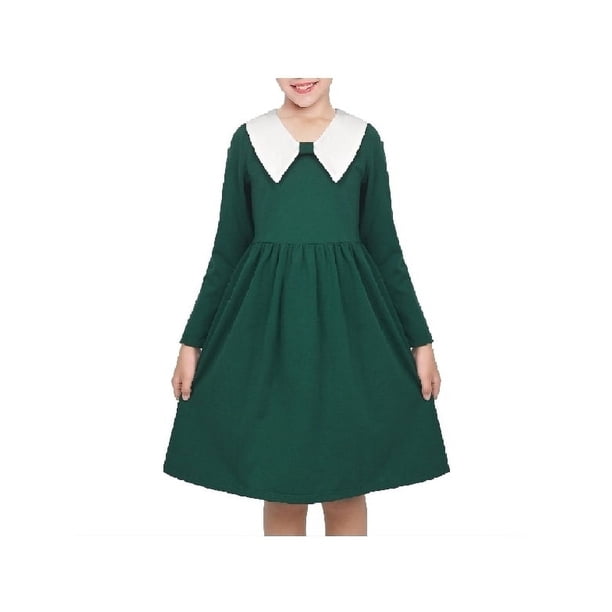 Vestido de Niña Verde Sólido Casual Escolar Uniforme de Estudiante Algodón Manga Larga 10 Años