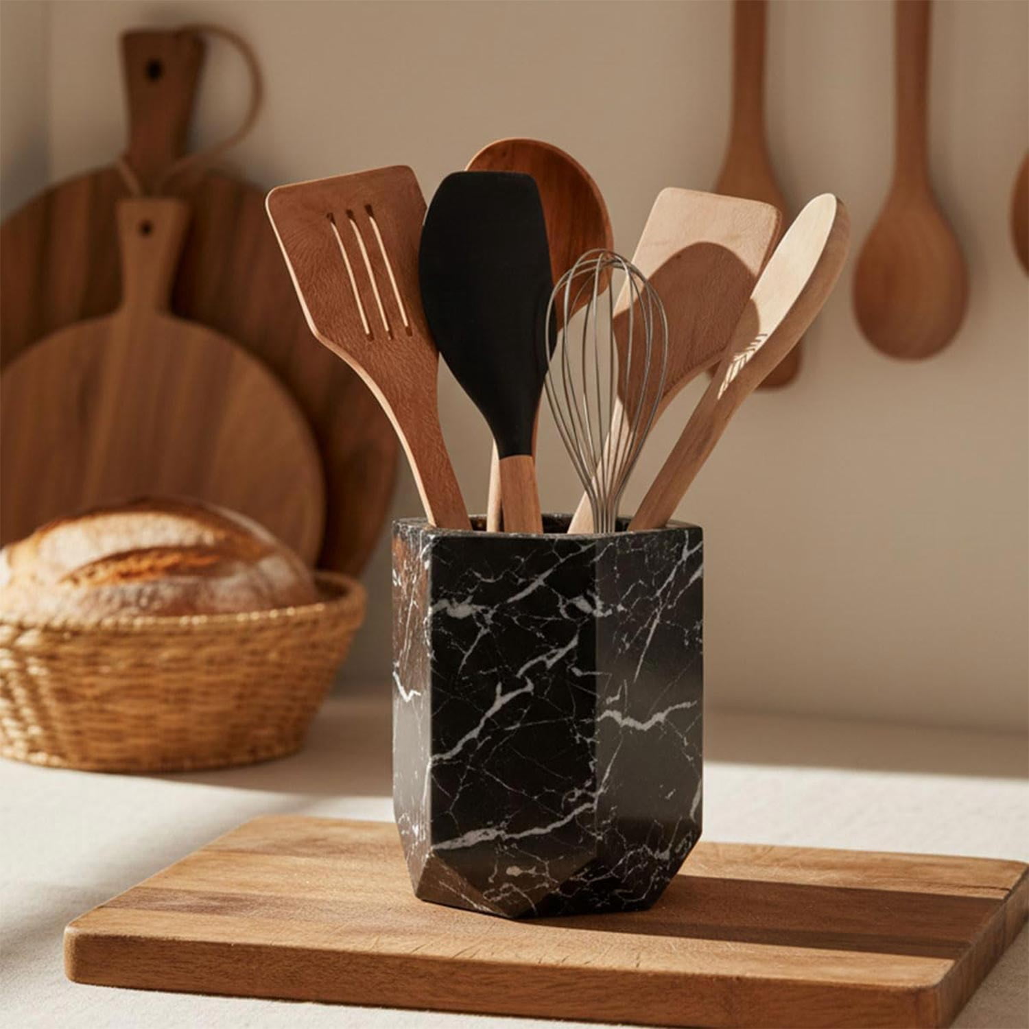 Elborse Marble Utensil Holder 6.5 inches Black Spatula Set for Kitchen Counter, Ideal Cooking Utensils Jar and Kitchen Essentials Organizer, Ideal Utensil Caddy and Spoon Holder