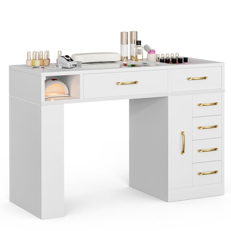 Paddie Manicure Table, Nail Table Station Glass Top Nail Desk Acetone Resistant w/Dust Collector, Storage Drawers & Open Shelves, Nail Beauty Workstation for Nail Tech w/Wrist Cushion(White)