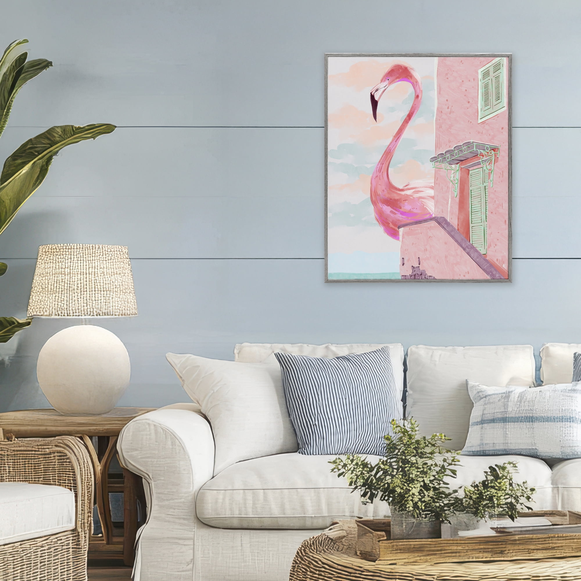 Stupell Industries Giant Flamingo with Seaside Balcony Gray Framed Giclee Art, design by Ziwei Li
