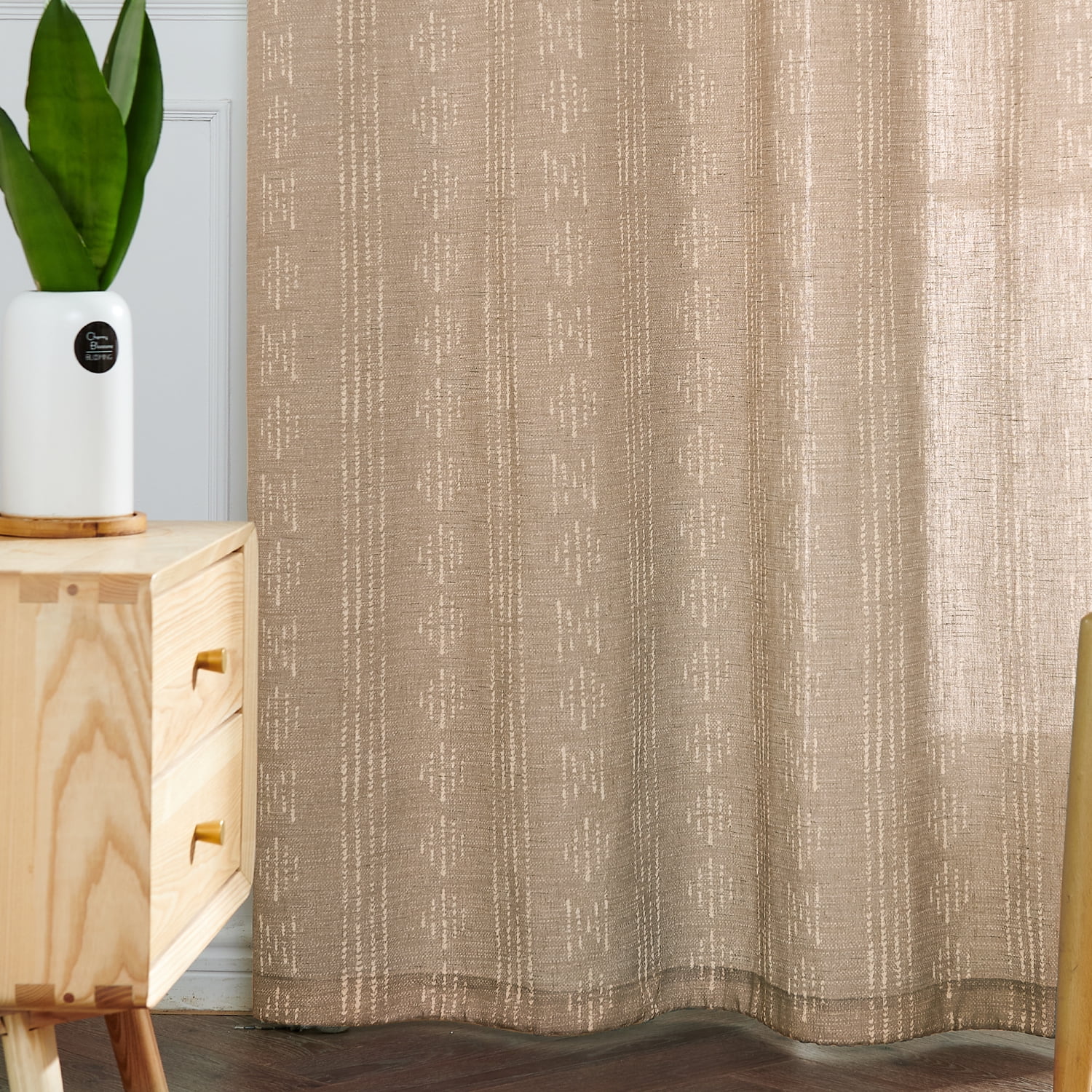 Curtainking Linen Blend Curtains Boho Farmhouse Geometric Striped Grommet Curtains for Living Room 96 Inch Pack of 2 Taupe