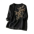 thumbnail image 4 of Pxiakgy Linen Tops for Women Loose Fit Blouses Bohemian Tops Retro Embroidered 3/4 Sleeve Boho Tops Summer Tshirts Beach Travel Vacation Elbow Sleeve Loose Tunics Top Cotton Linen Tops Black 3XL, 4 of 4