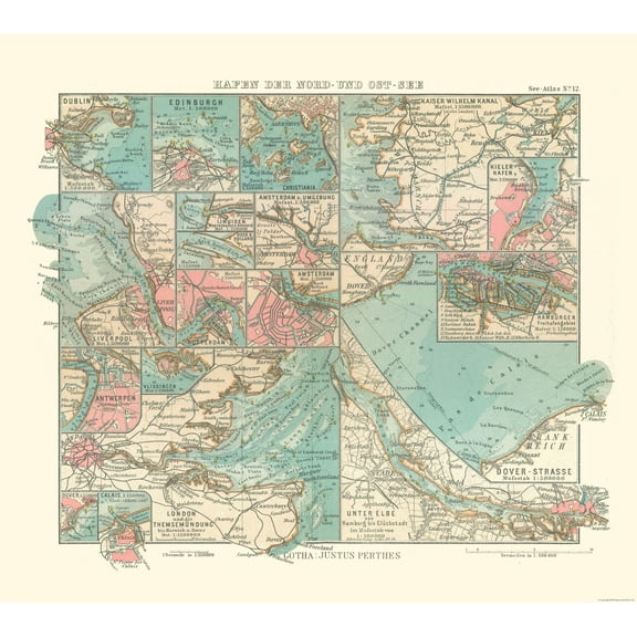 Historic Nautical Map - Baltic Sea Ports England Ireland Scotland - Perthes 1914 - 25.75 x 23 - Vintage Wall Art
