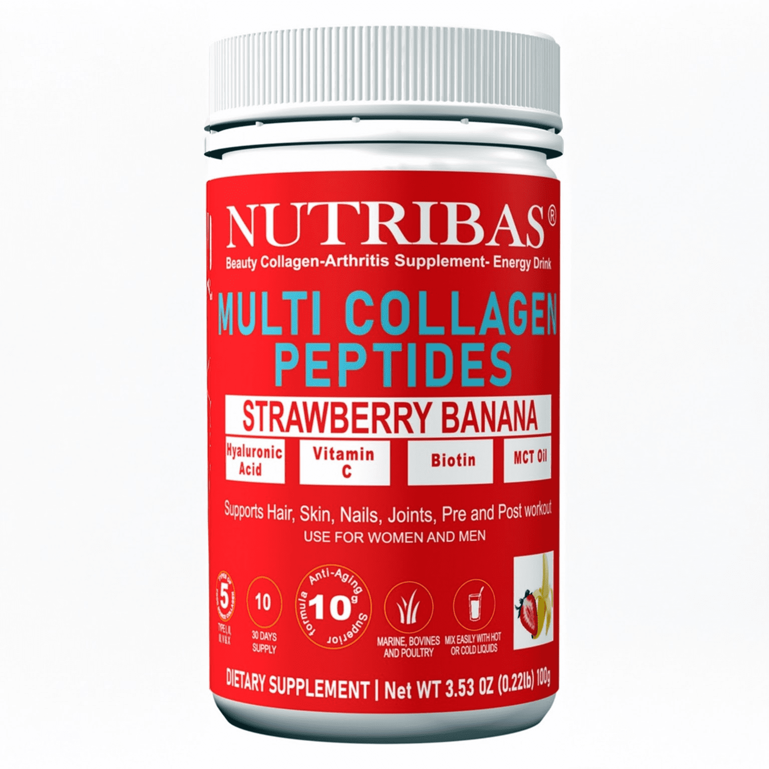 Nutribas Protein Multi Collagen Peptides Powder Whole Body Support Formula With MCT, Vitamin C, Biotin & Hyaluronic Acid , Lemon Chocolate Mango, 11 oz