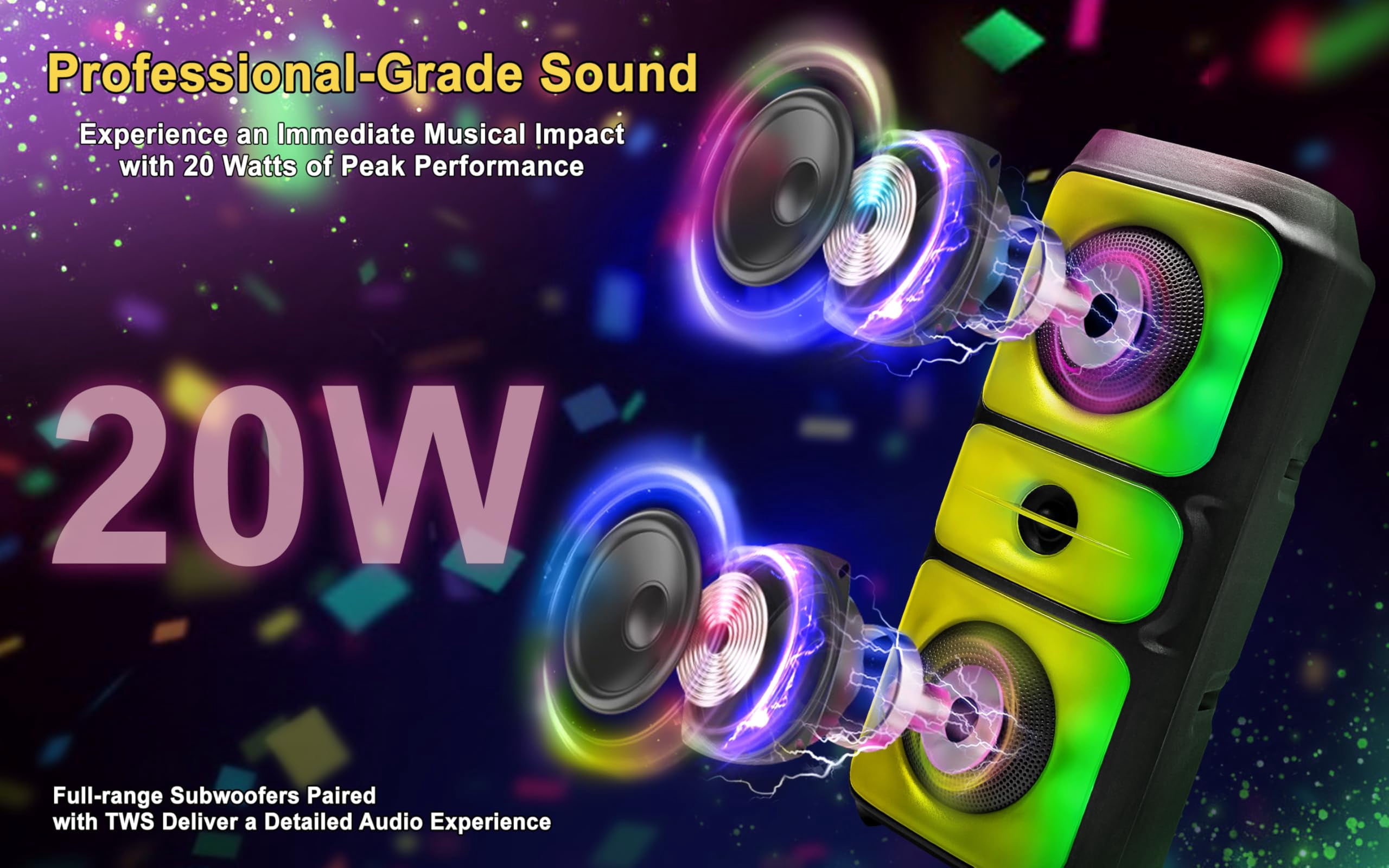 Fisher Portable Bluetooth Wireless Speaker System: Dual 4" 20W Peak Power|Loud HD Deep Bass Sound & LED Lights, Rechargeable|TWS Pairing|Long Lasting Battery, USB Port, TF, AUX, Handle Bar