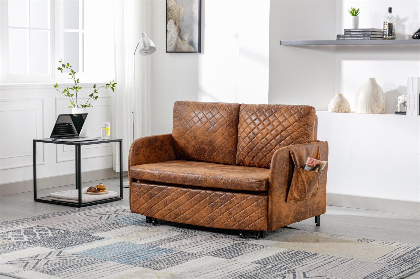 Convertible Sofa Bed, Modern Linen Fabric Loveseat Sleeper Sofa Couch