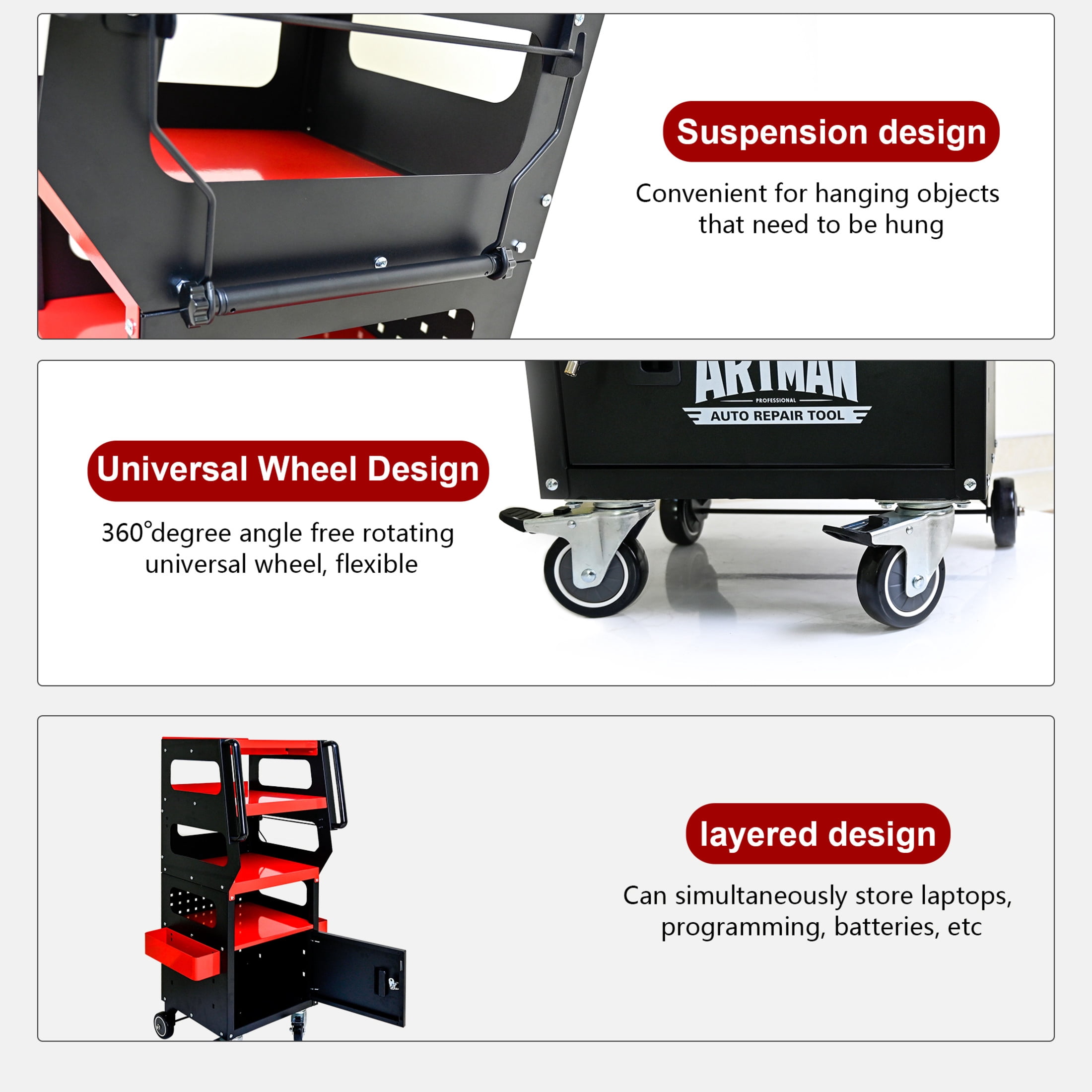 Noble House 17" 4-Level Multi-functional Diagnostic Trolley, Car Equipment Cart with Locking Cabinet, Black & Red