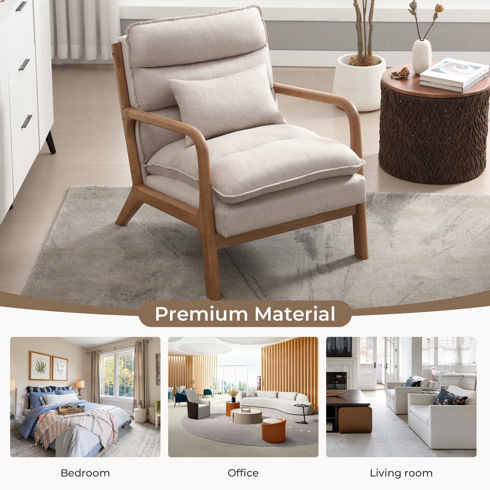 Ebello Mid Century Modern Accent Chair, Double-Padded Reading Armchair with Wood Frame & Lumbar Cushion for Living Room, Bedroom & Office, Beige