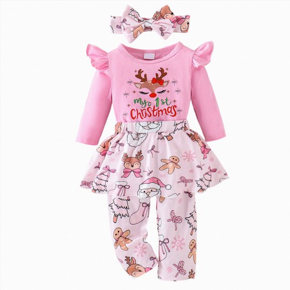 mgoYE My First Christmas Baby Girl Outfit Newborn Romper Skirts Pants Set Fall Winter Infant Christmas Dress Pant Clothes Headband(Pink,3-6 Months)