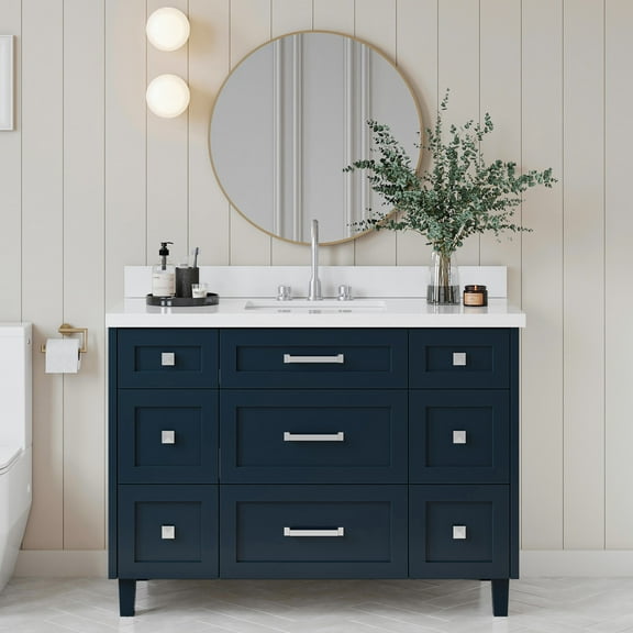 ARIEL Monroe 49 Inch Single Rectangle Sink Bathroom Vanity With Pure White Quartz Countertop 1.5 Inch Edge In Midnight Blue
