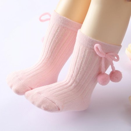 

Winter Baby Girl Boy Cotton Tube Socks Bowknot Double Pompom Solid Color Socks