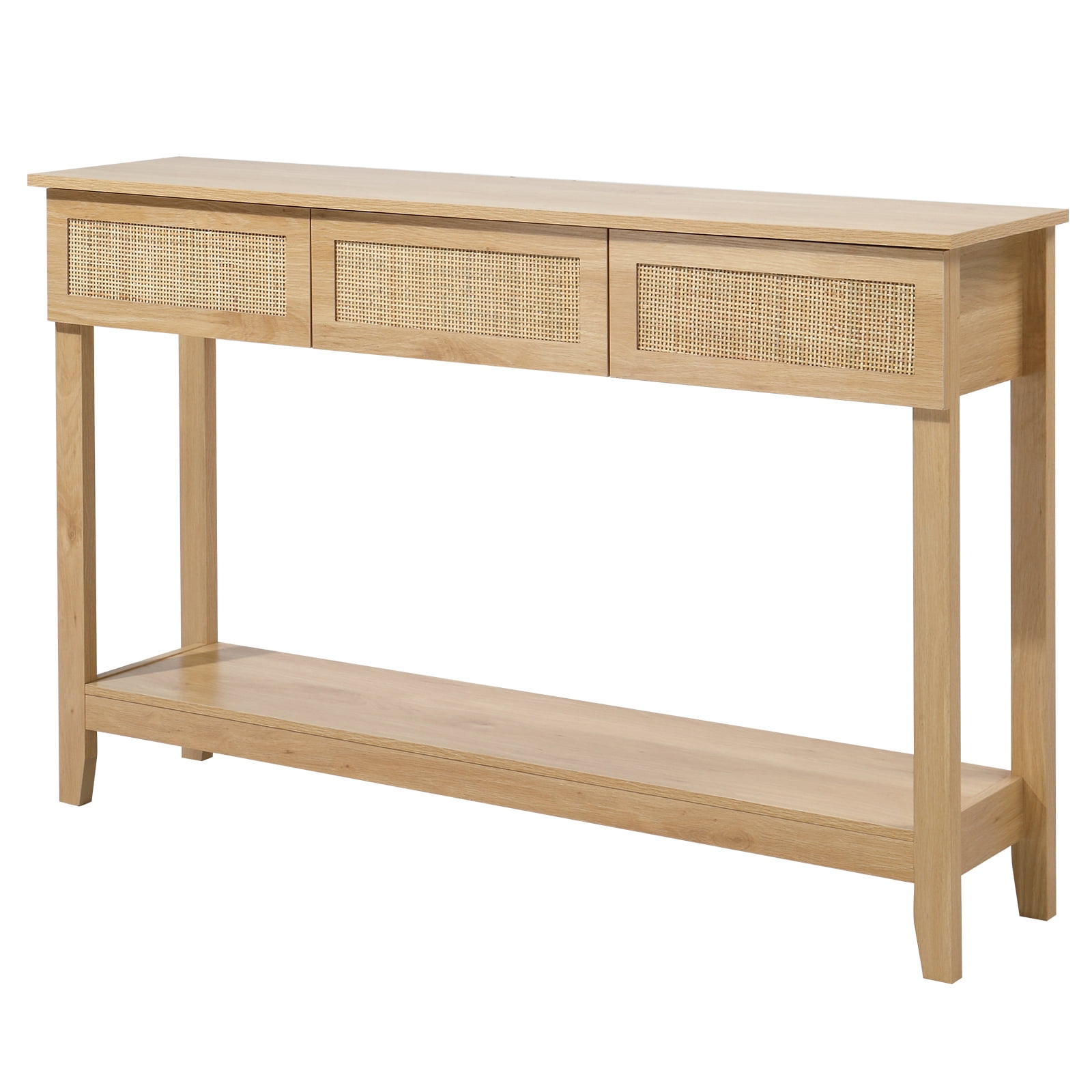 Rattan Console Table, Boho Entryway Sofa Table with 3 Drawers & Storage Shelf, Natural Wood