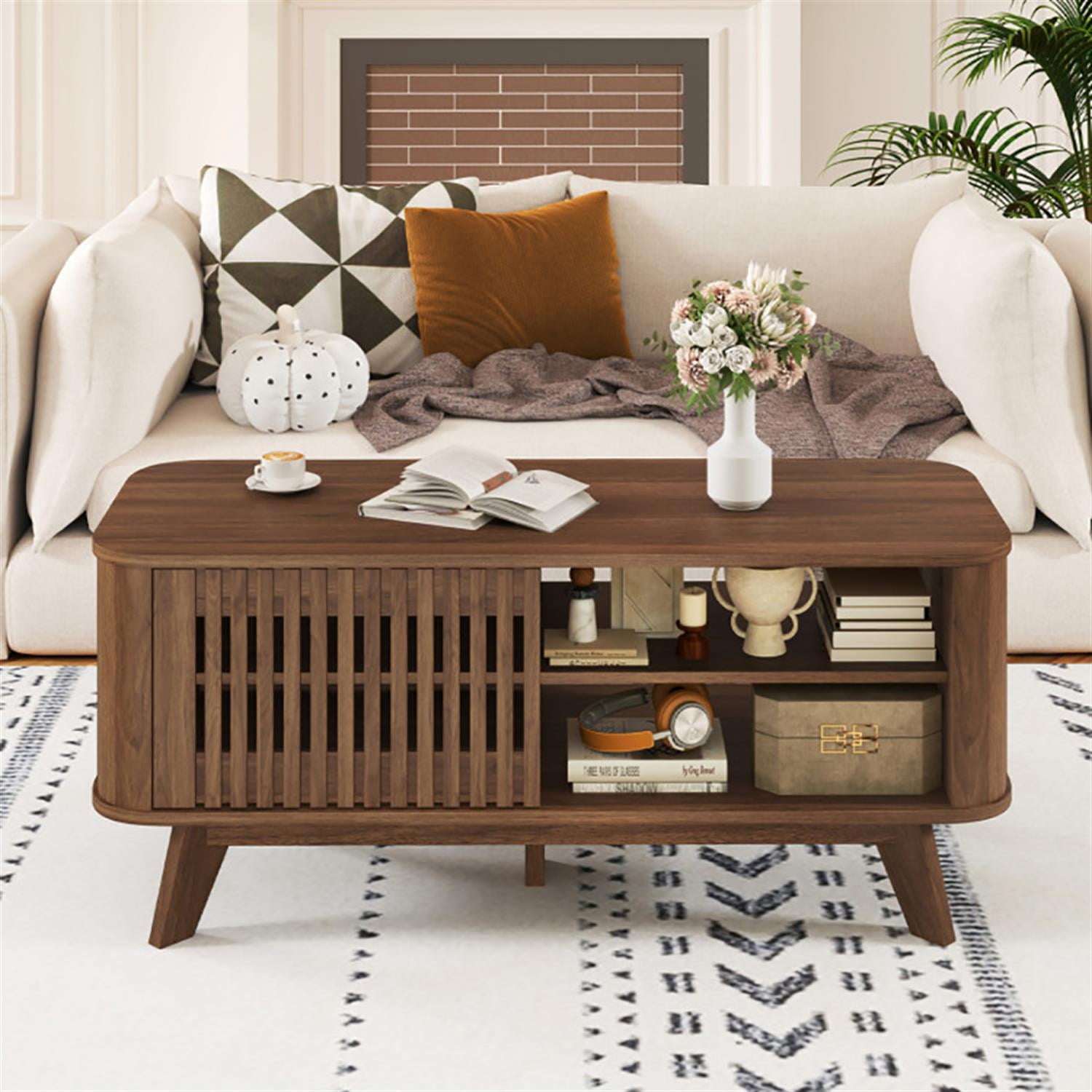 Demi Bonn Rectangular Glass Coffee Table, Dining Center Tables with Storage and Adjustable Shelves for Living Room, Bedroom, Office and Balcony, Brown
