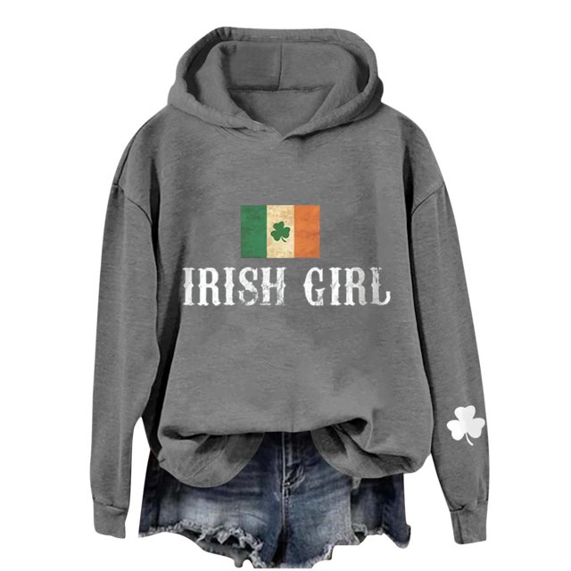 Nouveau & Tendance!FUNUONY Sweat à Capuche pour Femmes St. Patrick's Day Fille Irlandaise Imprimé T-Shirt Manches Longues Col Rond Gris L