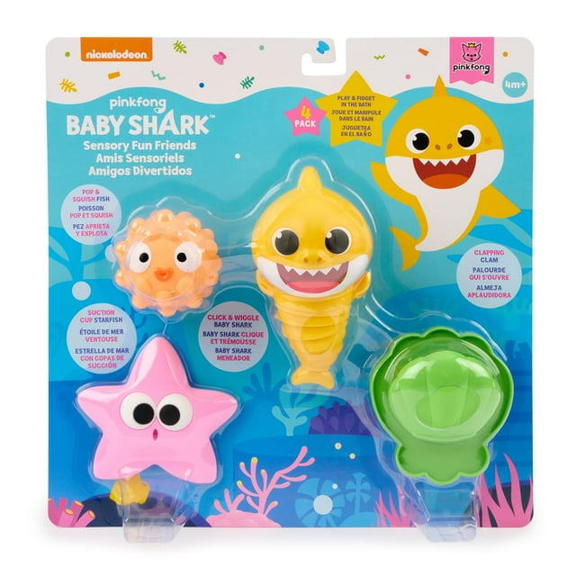 Baby Shark Sensory Fun Friends, paquete de 4 juguetes antiestrés para desarrollar habilidades sensoriales (más de 4 meses)