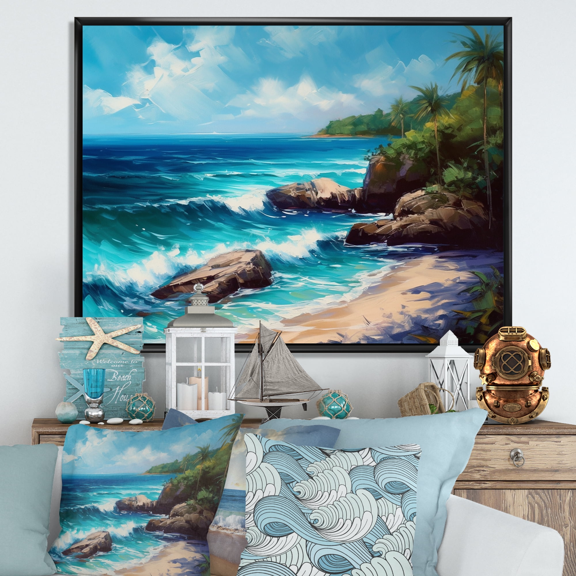 Designart Grand Art Mural Bateau Côtier, Bateau de Pêcheur sur Bord de Mer, Décoration Murale Bateau Côtier, Art Mural sur Toile Bleue, 40x30 Pouces