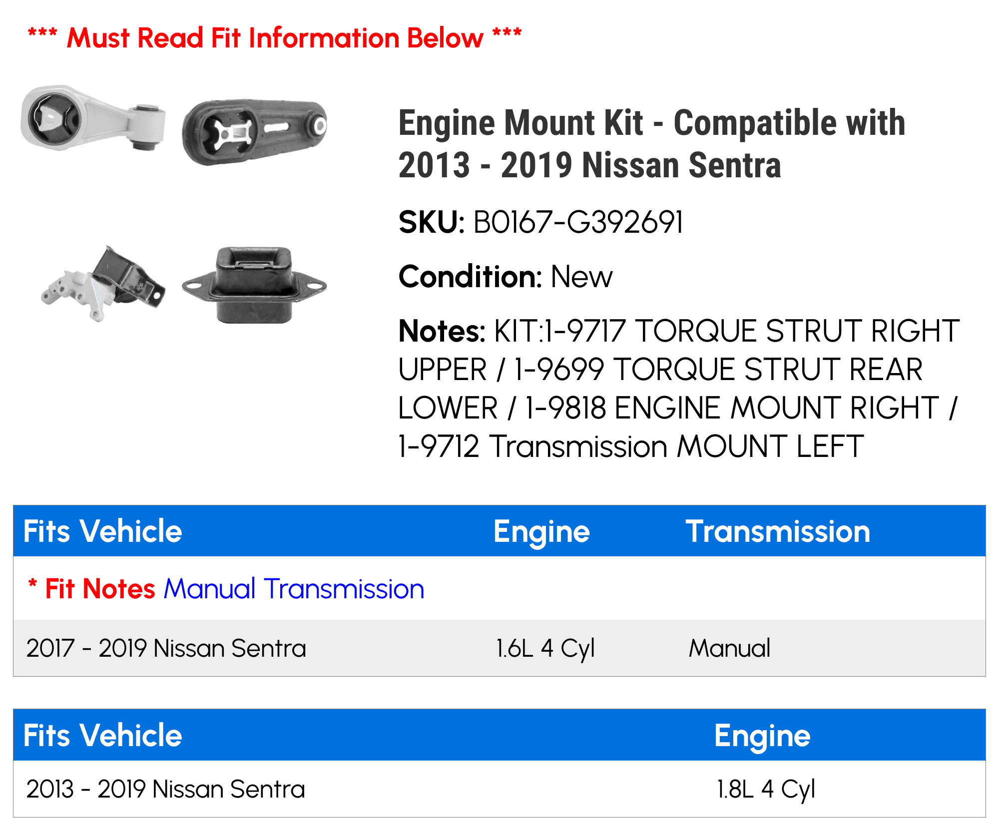 Engine Mount Kit - Compatible with 2013 - 2019 Nissan Sentra 2014 2015 2016 2017 2018