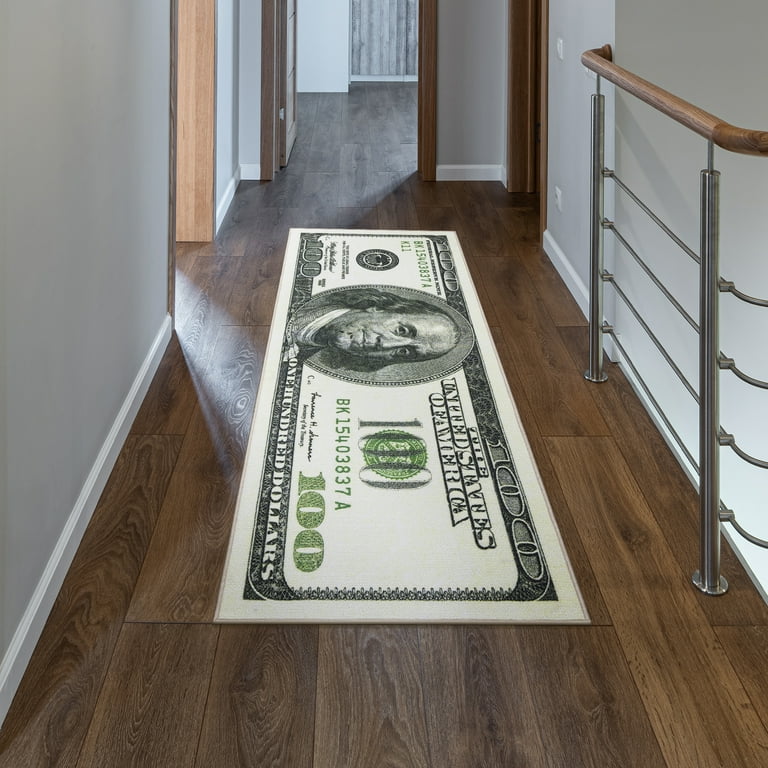 Ottomanson 100 Dollar Bill Non-Slip Rubberback 31x79 Money Rug, 2