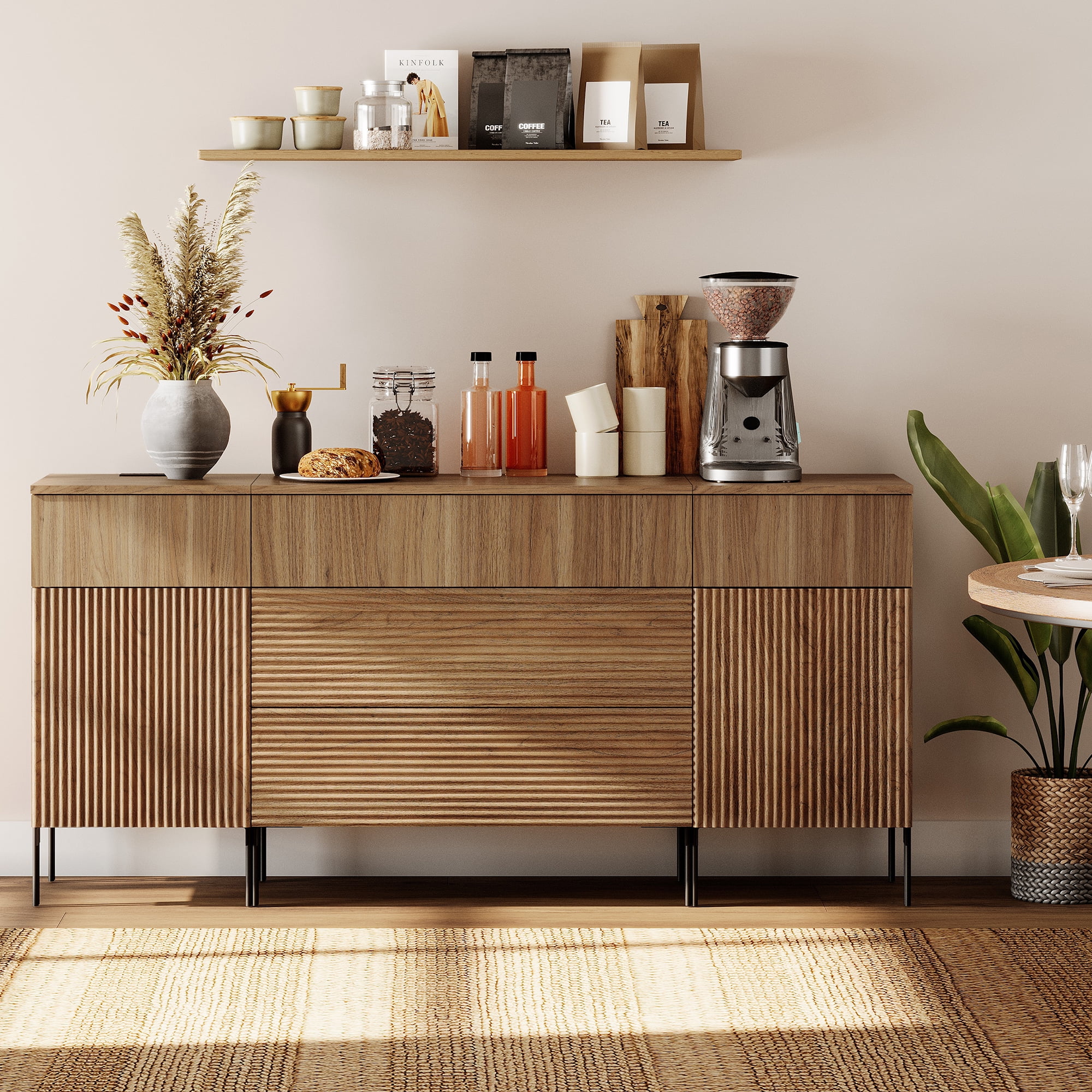 63" Wooden Reeded Sideboard with Built-in Charging Station, 3-In-1 Modern Credenza Storage Cabinet for Kitchen, Dining Room