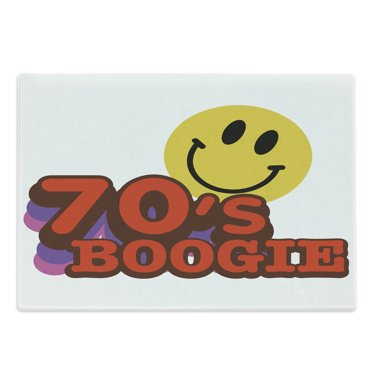 70s Party Cutting Board, Seventies Boogie Funny Smiling Emoticon Humorous Amusing Vibrant Print, Decorative Tempered Glass Cutting and Serving Board, Large Size, Yellow Red Purple, by Ambesonne