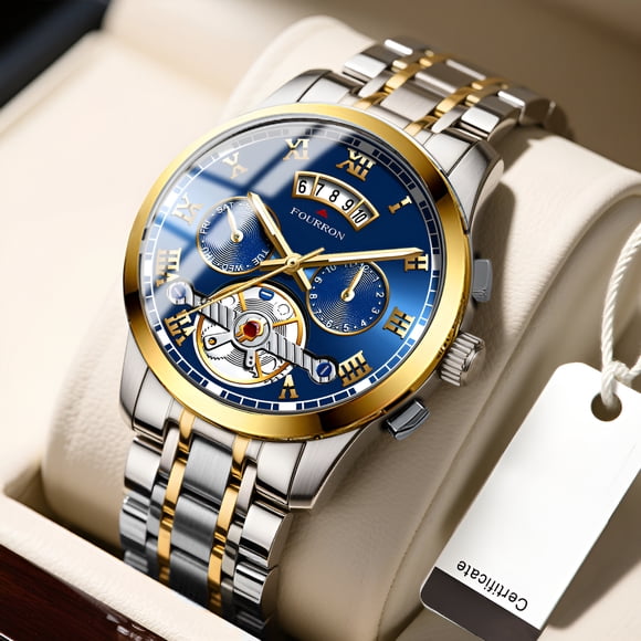 Reloj de Negocios para Hombre, Reloj de Pulsera de Cuarzo Multifuncional con Correa de Acero Inoxidable, Reloj de Vestir Casual Impermeable