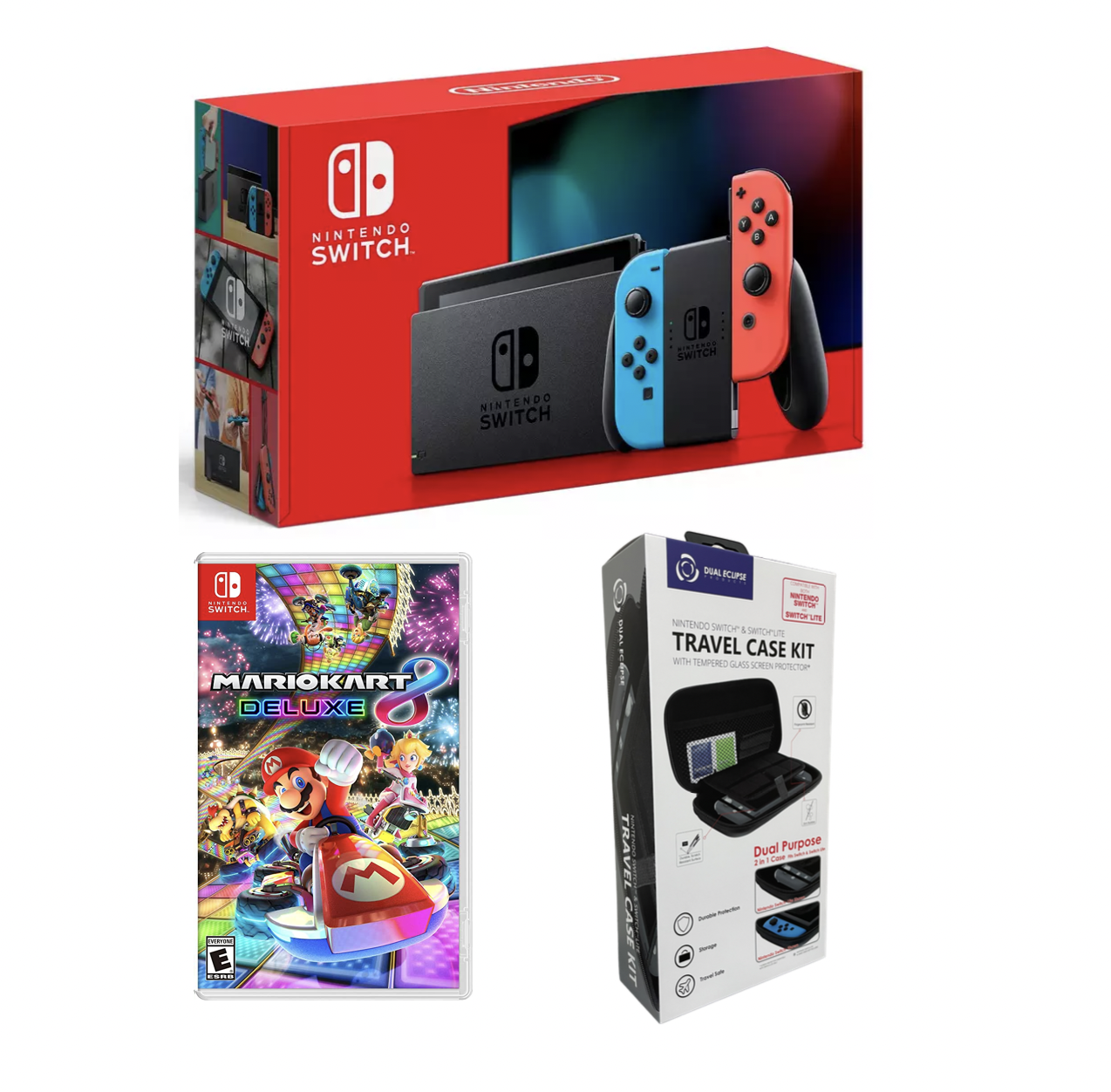 Nintendo Switch Neon Blue and Red Bundle with Mario Kart 8 Deluxe + Travel Case Kit (import with US Plug)