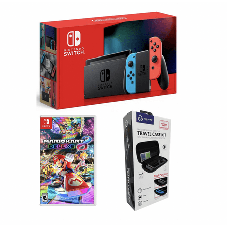 Nintendo Switch Neon Blue and Red Bundle with Mario Kart 8 Deluxe + Travel Case Kit