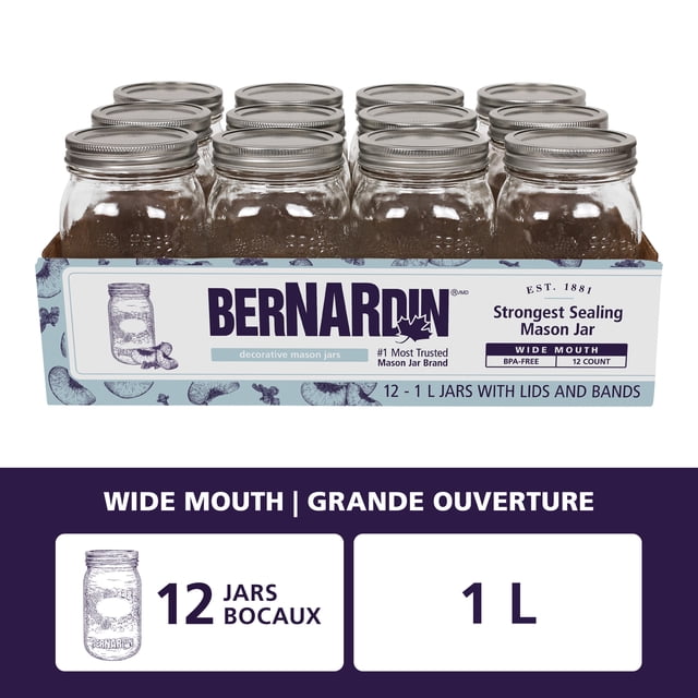 Bernardin Decorative Mason Jars, Wide Mouth, 1 L, 12 Count