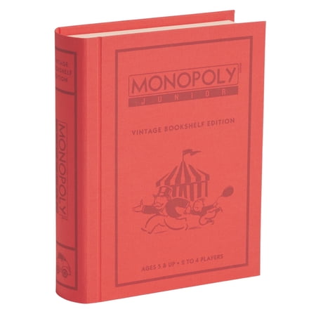 WS Game Company Monopoly Junior Vintage Bookshelf Edition – 1990 Retro Inspired Kids Board Game – Fabric Wrapped Book Storage for Ages 5 and Up