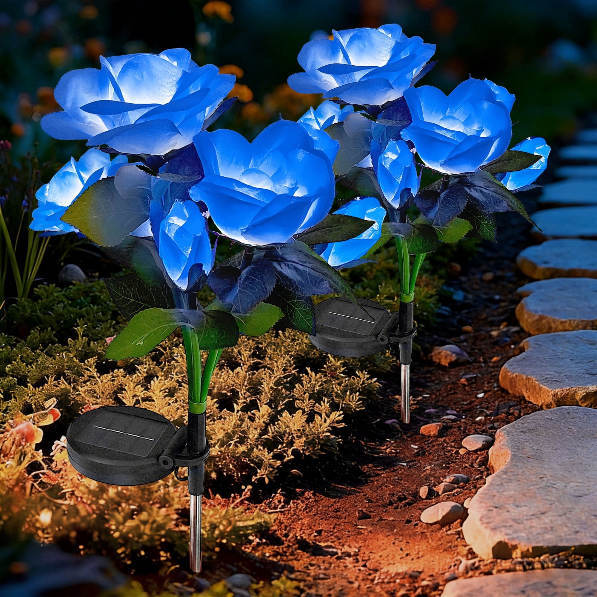 DAYBETTER Solar Garden Lights with 5 Rose Flowers, 2 Modes, LED Waterproof Outdoor Solar Lights for the Garden Yard Patio Pathway, Blue, 2 Pack