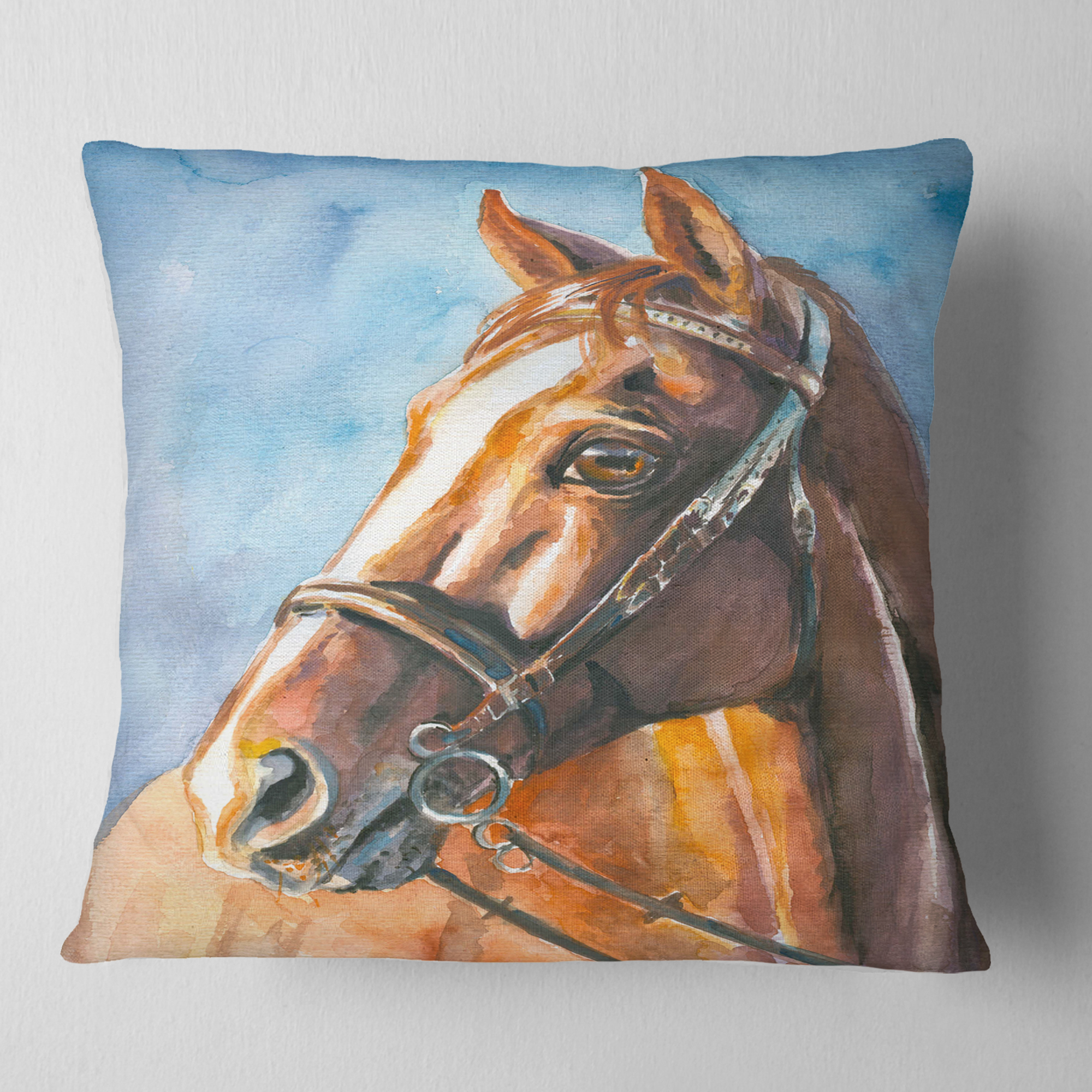Designart Brown Horse with Bridle - Abstract Throw Pillow - 18x18